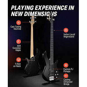 Donner DPJ 100B 4 String PJ Style Electric Bass Full Size for Beginner with Bag, Guitar Strap, Guitar Cable, Black